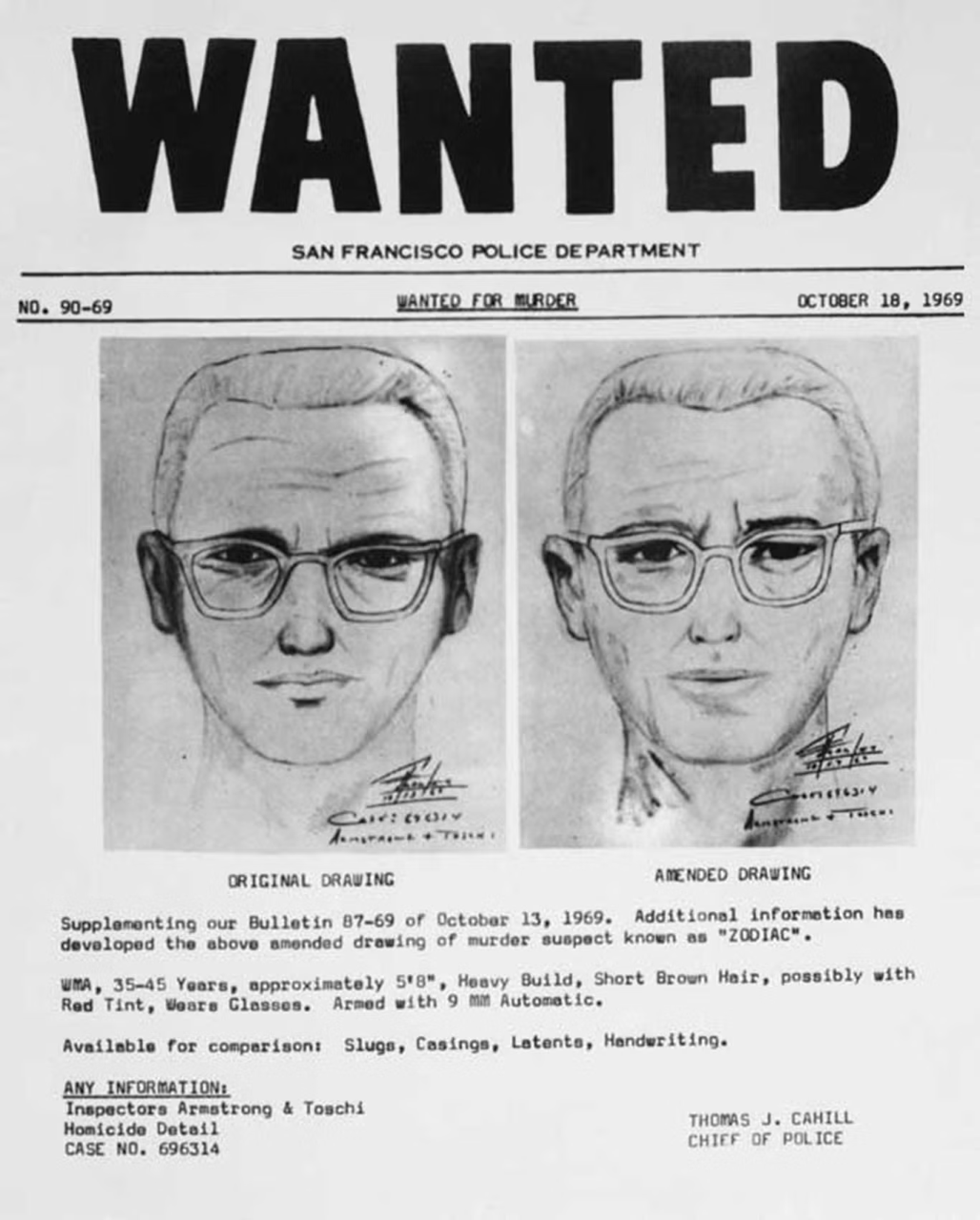 Pátrací plagát WANTED polície v San Franciscu z októbra 1969 s dvoma kresbami muža v okuliaroch